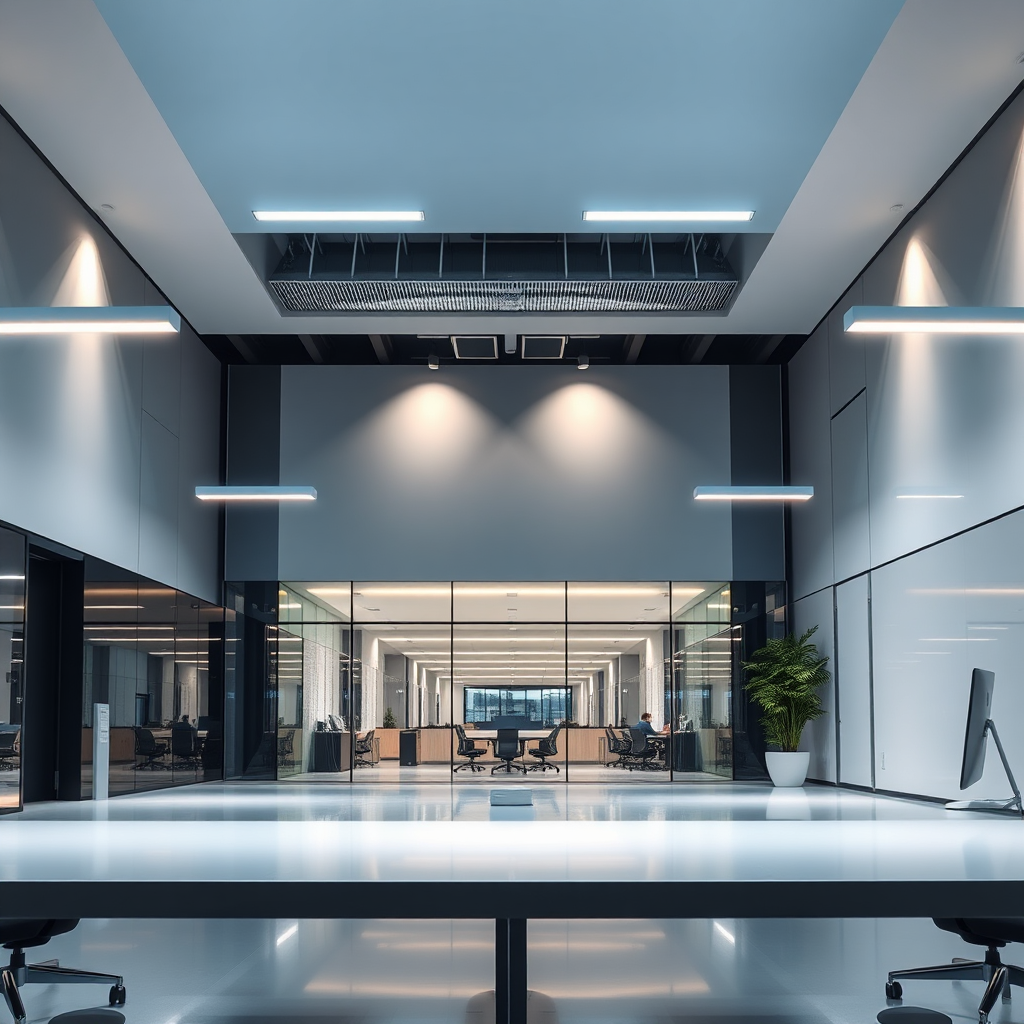 Modern office interior lit with efficient LED lights